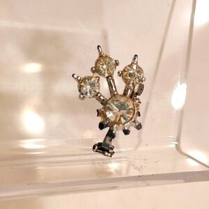 Statement brooch lapel pin silver tone 1" with clear stones